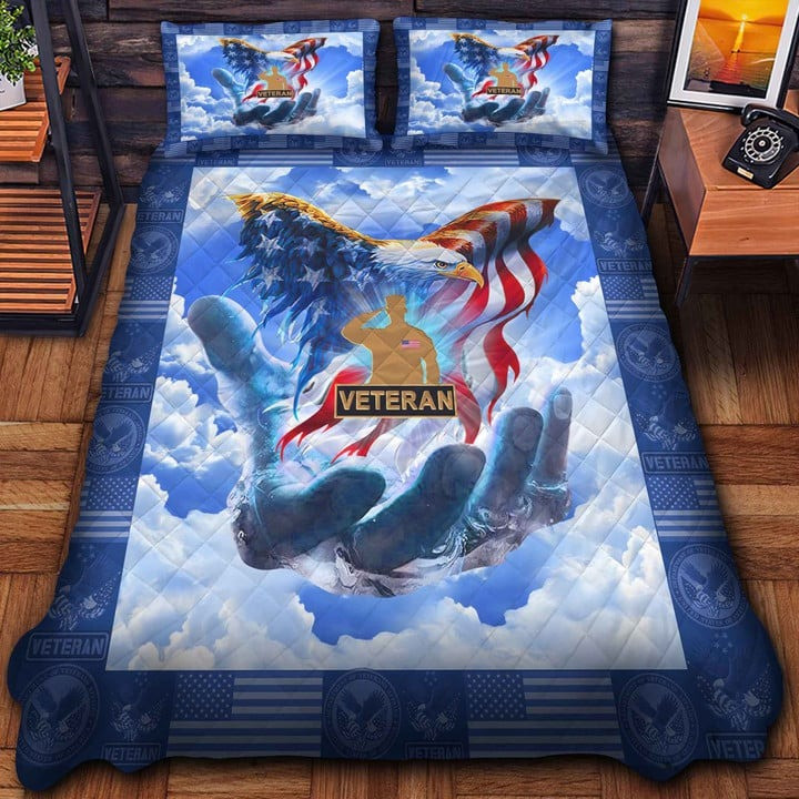 US Veteran Quilted Bedding Set Duvet Cover Bedspread Soldier Eagle USA Flag Gift For Wife