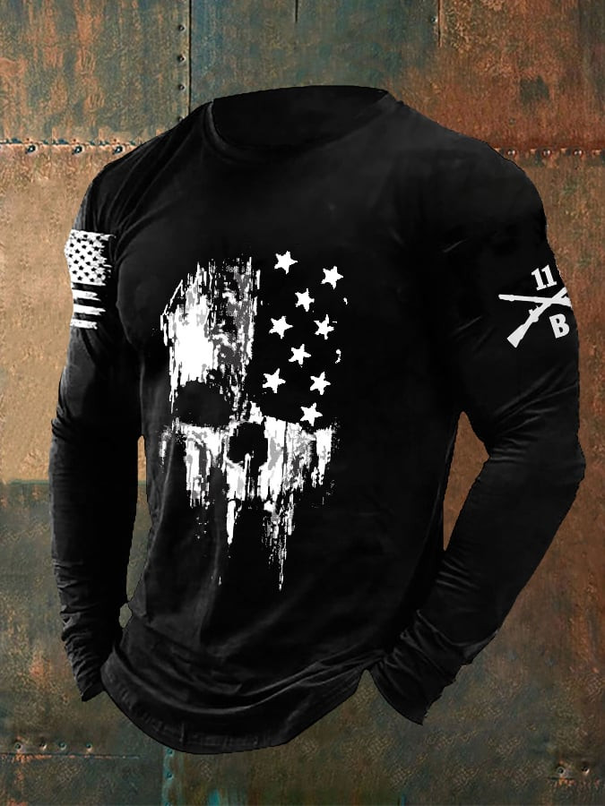 US Veteran Skull Pattern Long Sleeve Shirt American Flag Clothing Cool Gifts For Him