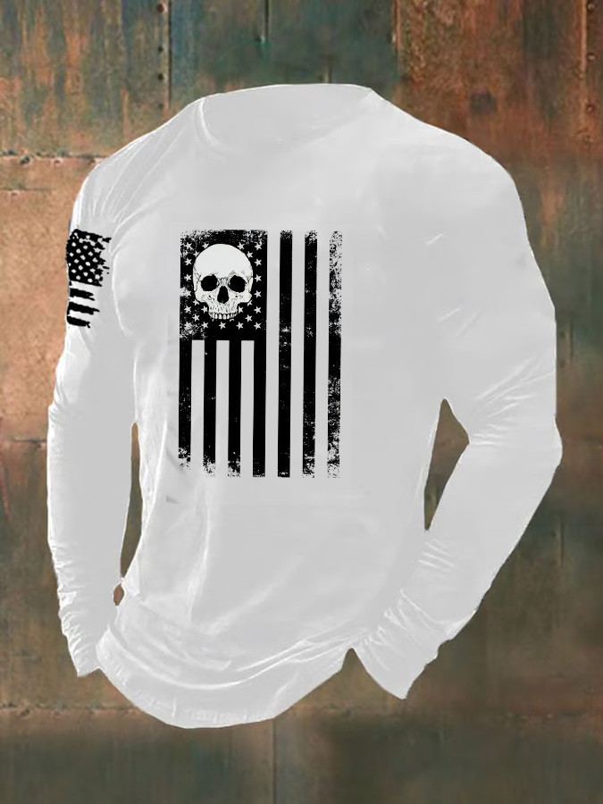 US Veteran Skull Pattern Long Sleeve Shirt American Flag Design Veteran Apparel Patriotic Gifts