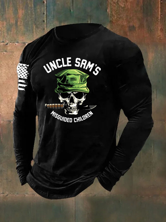 US Veteran Skull Pattern Long Sleeve Shirt Uncle Sam's Misguided Children Patriotic Gifts