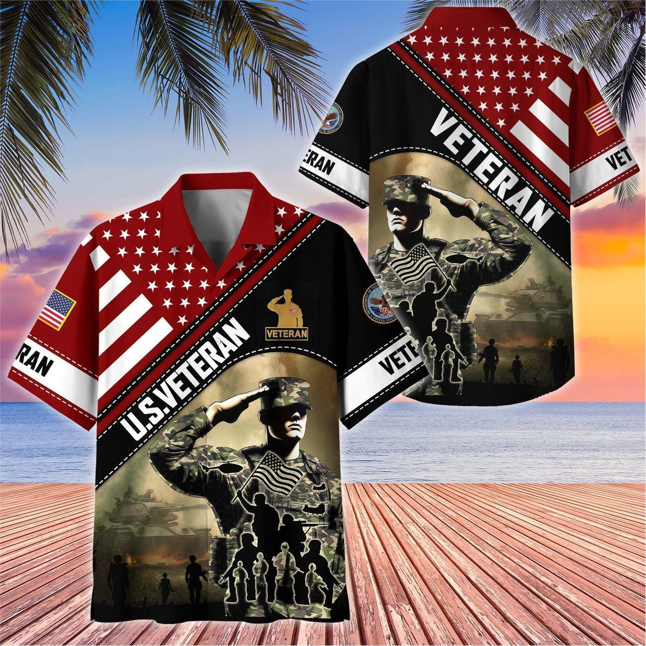 US Veteran Soldier Salute Flag Military Tank Patriotic Hawaiian Shirt Gift for Army Mens on Veterans Day
