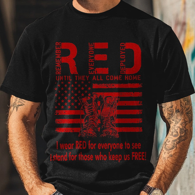 US Veteran T-Shirt RED Remember Everyone Deployed Military Boots Patriotic Gifts Tee