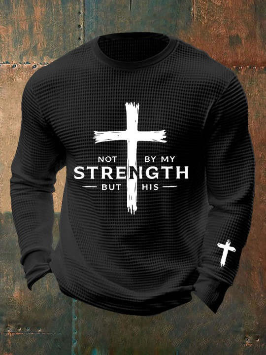 US Veteran Waffle Long Sleeve Shirt Not By My Strength But His Cross Christian Gifts