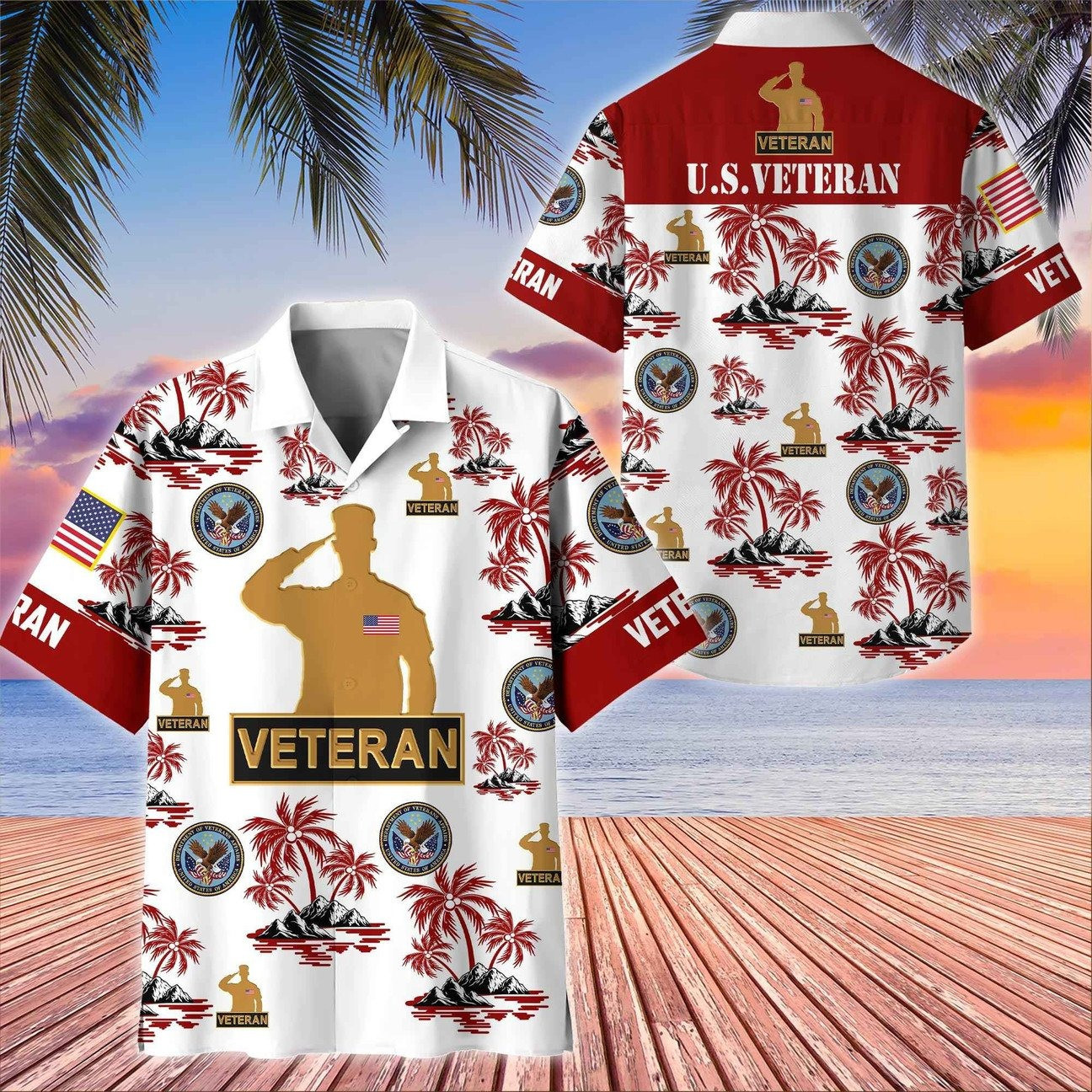 US Veteran White Great Seal Eagle Palm Tree Tropical Island Hawaiian Shirt Gift for Army Mens on Veterans Day