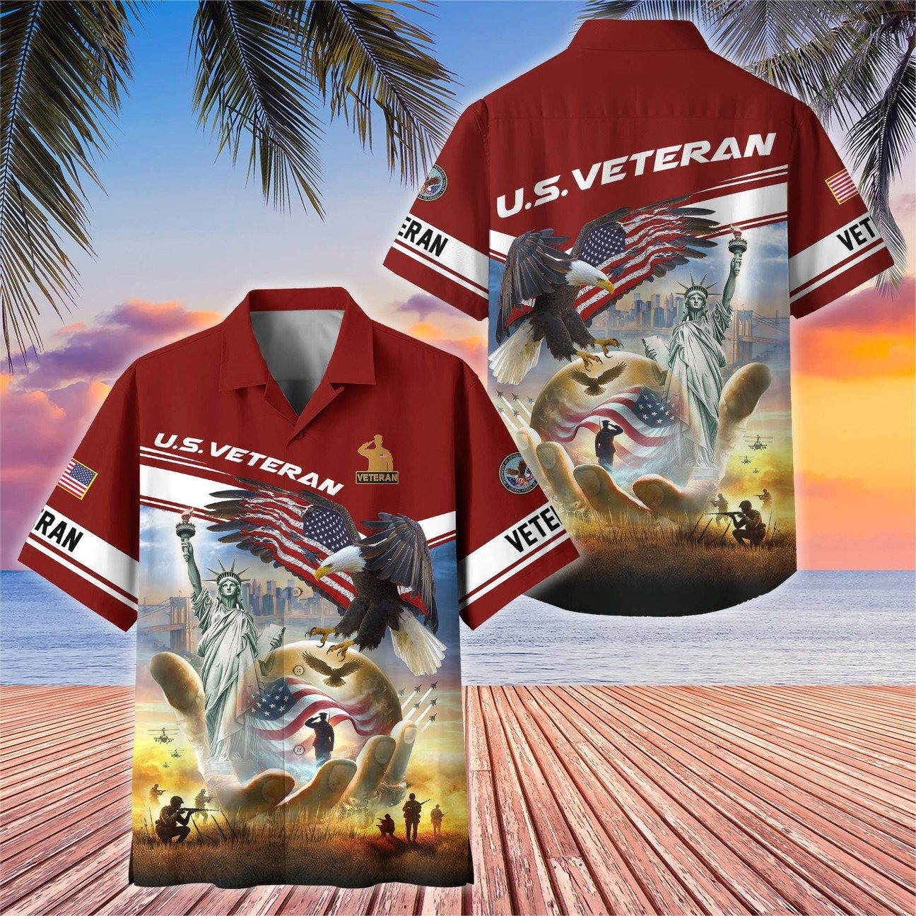 US Veterans Hawaiian American Eagle Liberty Statue Flag Shirt Patriotic Military Gift for Mens on Veterans Day