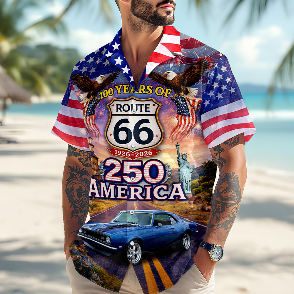 USA 100 Years Of Road Route 66 And America 250th Hawaiian Shirt America's Birthday Clothes