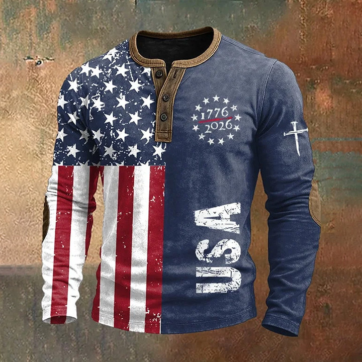 USA 1776 2026 Faith Button Long Sleve Shirt American Flag Apparel Semiquincentennial Gift