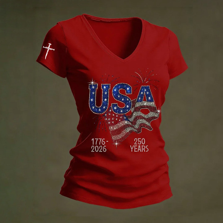 USA 1776 2026 Faith Cross V-Neck Shirt Fourth Of July Clothes Unique Gift For Patriots