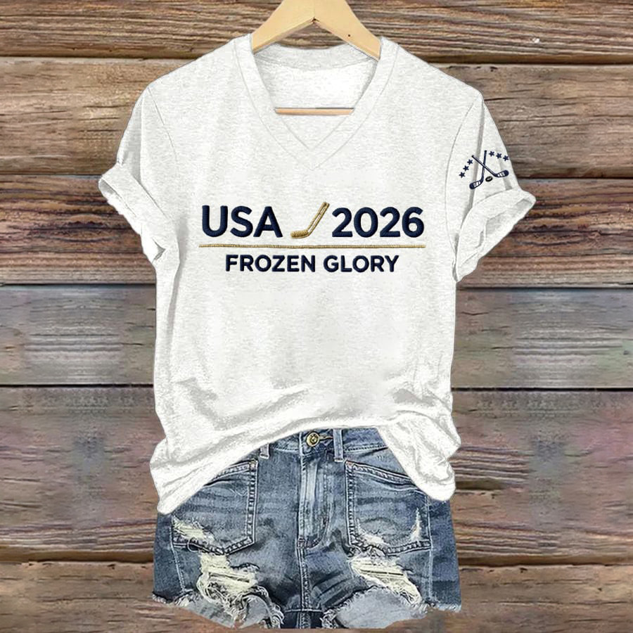 USA 2026 Frozen Glory Winter Olympic V-Neck Shirt Team USA Hockey Merch Best Fans Gift