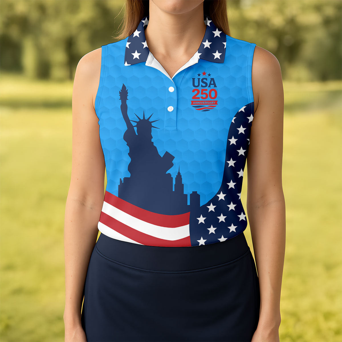 USA 250 Anniversary Statue Of Liberty Sleeveless Polo Shirt Golf Clothes Gift For Women