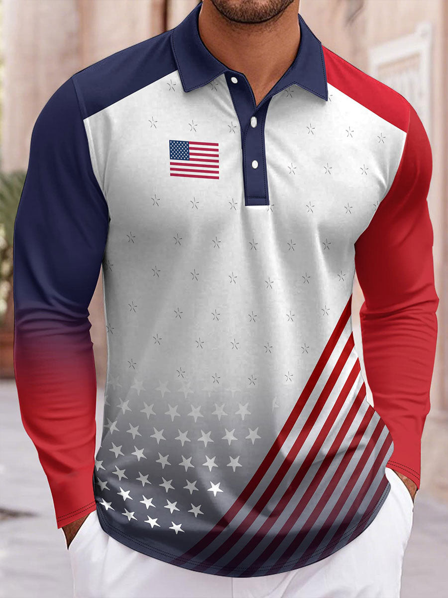 USA 250 Celebration Long Sleeve Polo Shirt Patriotic US Flag Apparel Gifts For Dad