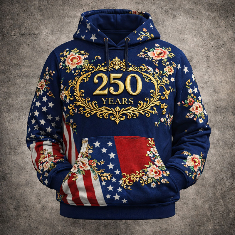 USA 250 Years 1776 2026 Floral Hoodie American Flag Apparel Patriotic Clothing
