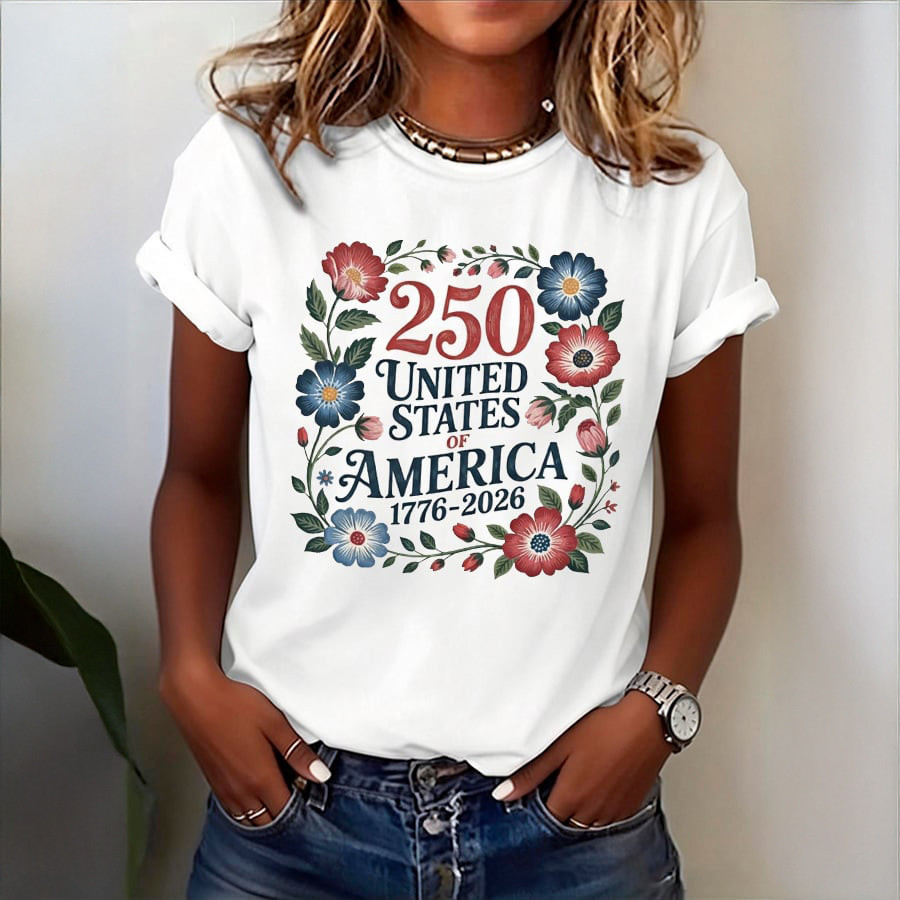 USA 250 Years 1776 2026 Floral T-Shirt Independence Day 2026 Clothes Gift For Wife