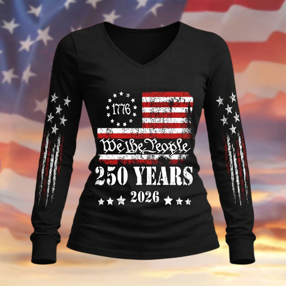 USA 250 Years 1776 2026 V-Neck Long Sleeve Shirt We The People Clothing Patriotic Present