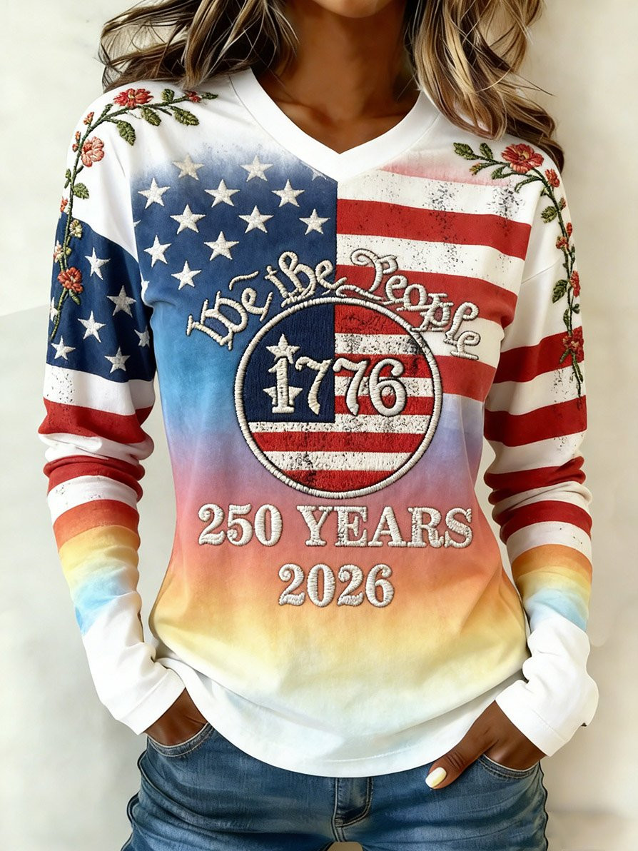 USA 250 Years 1776 2026 V-Neck Long Sleeve Shirt We The People Merch Patriotic Gifts