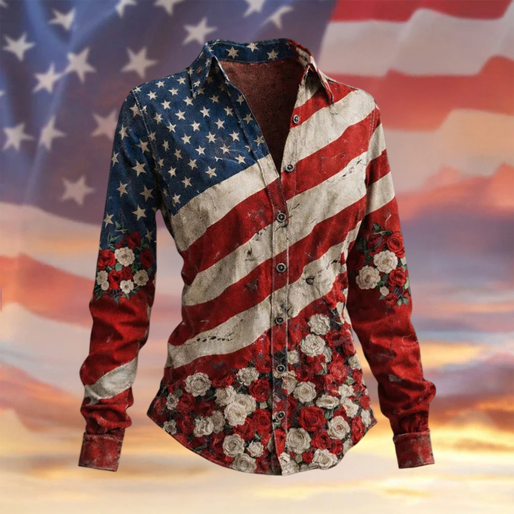 USA 250 Years Birthday American Flag Button Up Long Sleeve Shirt 4Th Of July Clothing Line