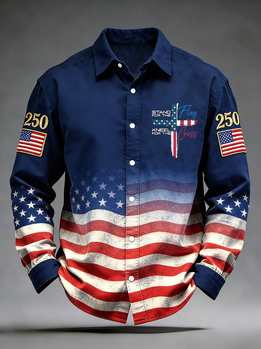 USA 250 Years Birthday Button Up Long Sleeve Shirt Stand For The Flag Kneel For The Cross Merch