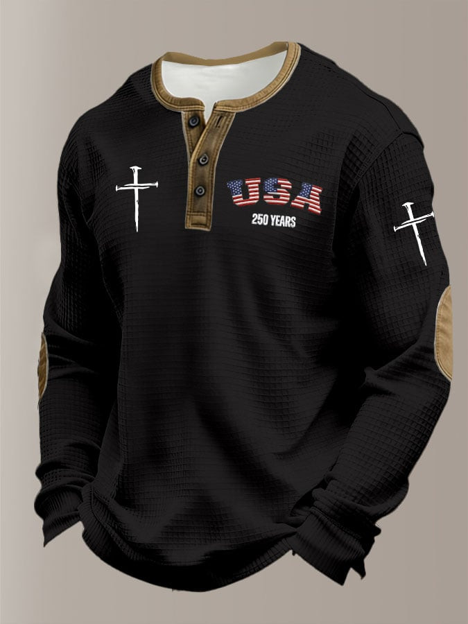 USA 250 Years Henley Shirt 250th Anniversary Faith Based Cross Apparel Independence Day Gift