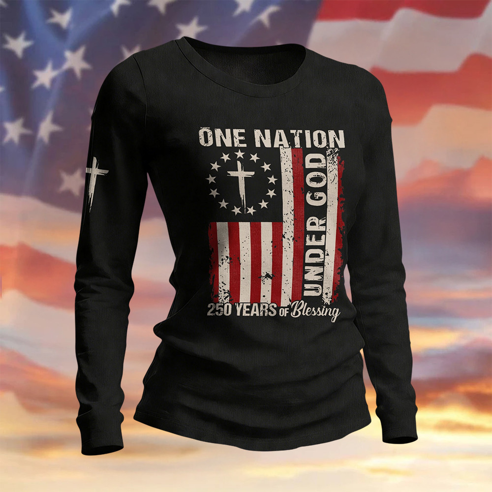 USA 250 Years Of Blessing Long Sleeve Shirt 1776 2026 One Nation Under God Apparel