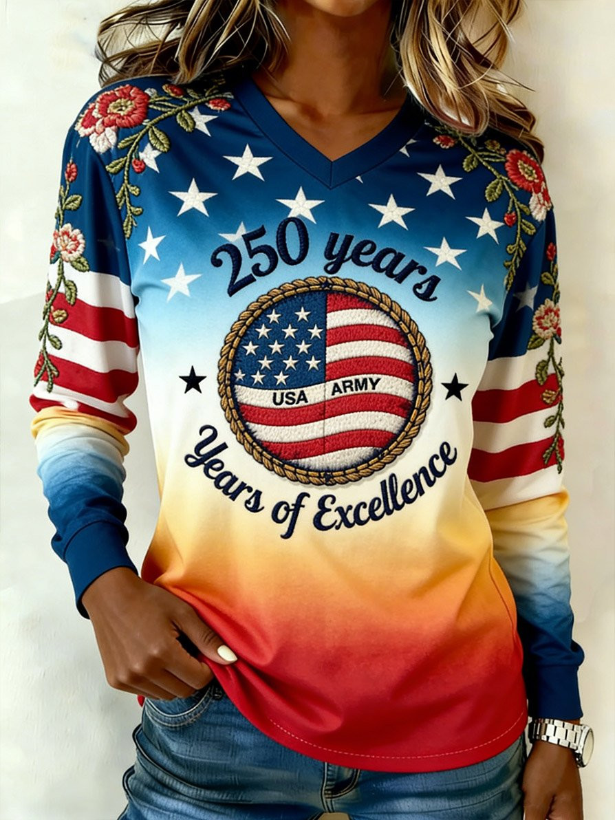 USA 250 Years Of Excellence V-Neck Long Sleeve Shirt Veteran Merch Army Gift Ideas