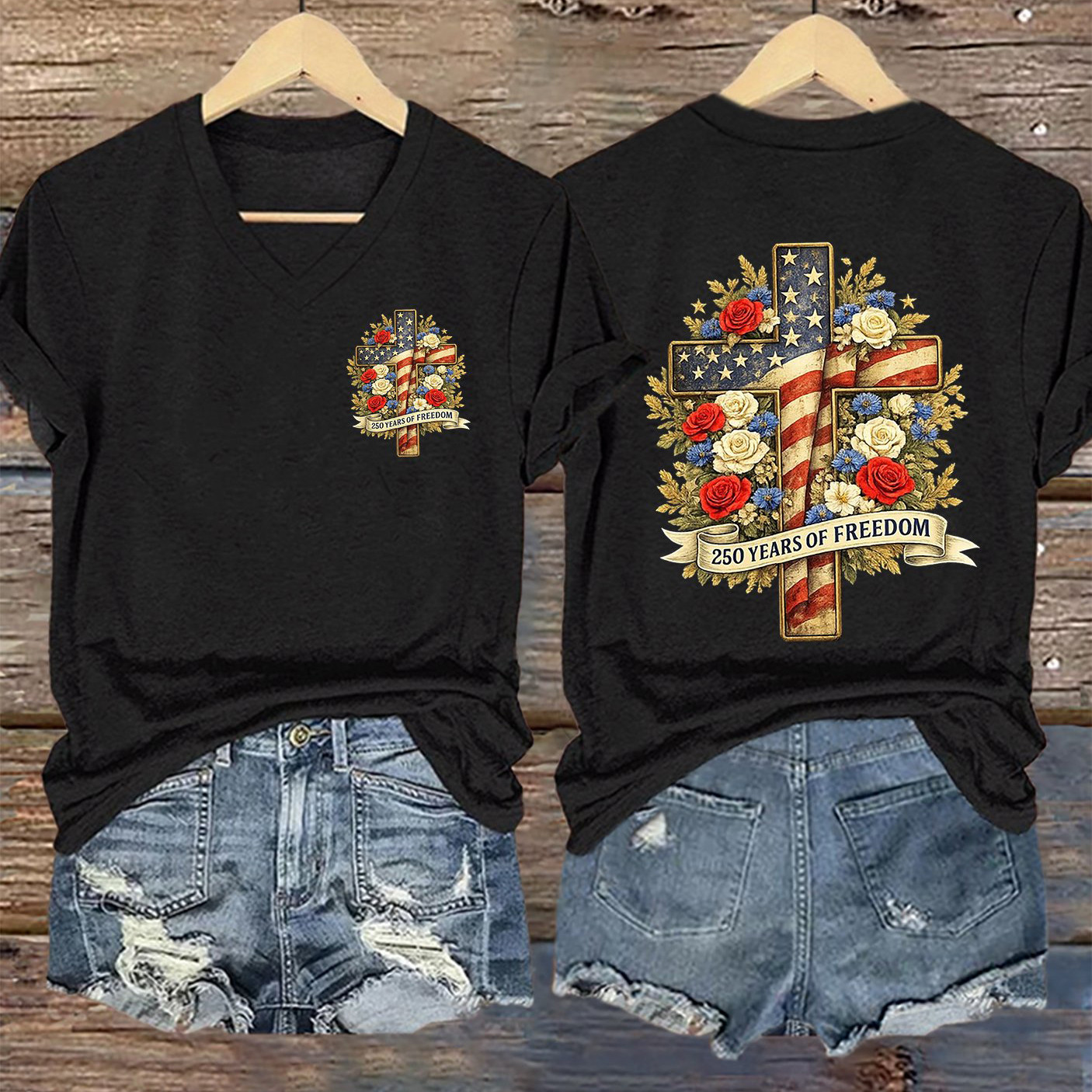 USA 250 Years Of Freedom 1776 2026 Floral V-Neck Shirt Faith Clothes Gift For Patriots