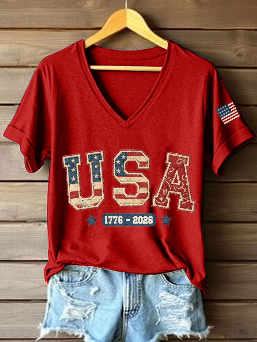 USA 250 Years Of Freedom 1776 2026 V-Neck Shirt Fourth Of July Clothes Patriotic Gift For Her