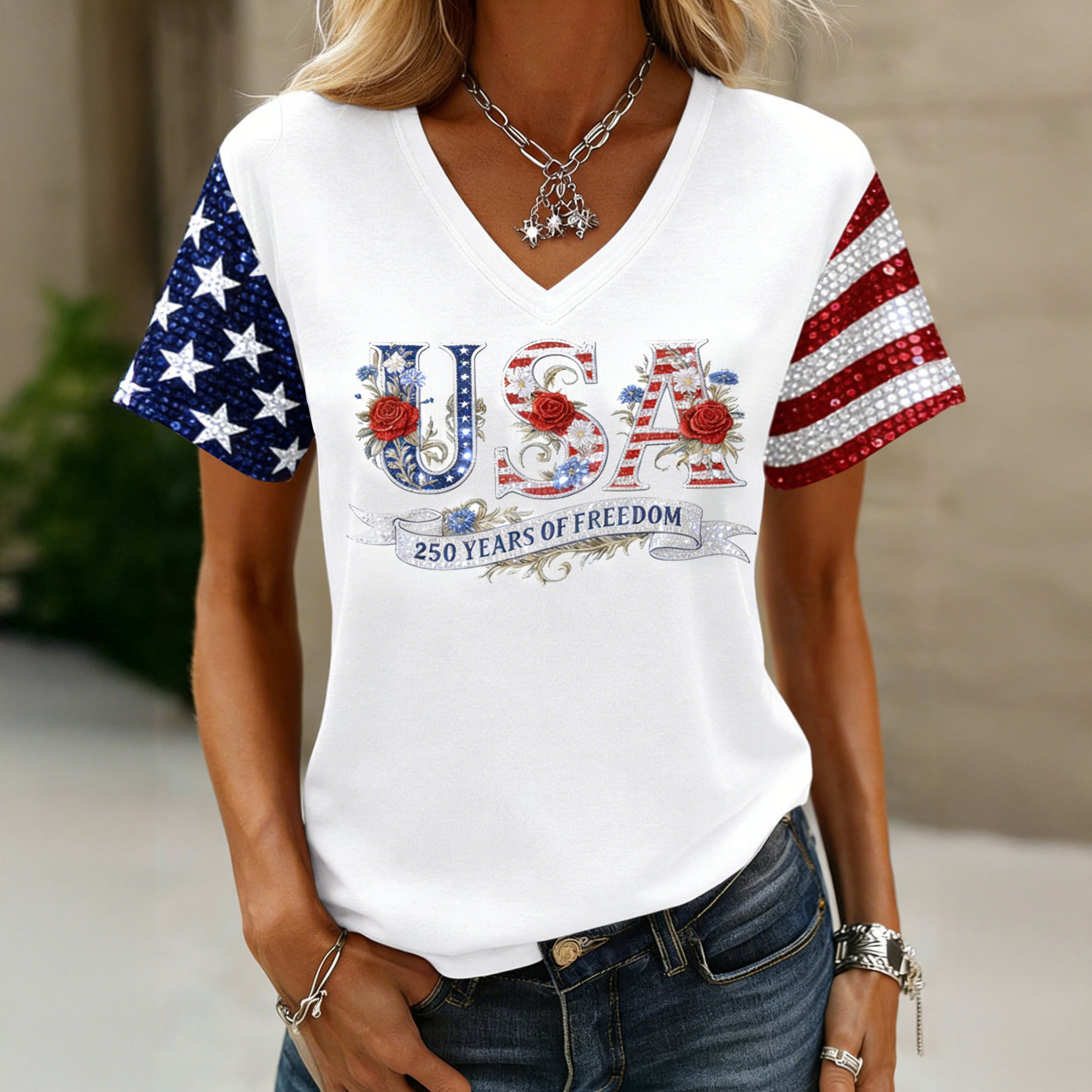 USA 250 Years Of Freedom 1776 2026 V-Neck Shirt Independence Day 2026 Shirt Gift For Wife