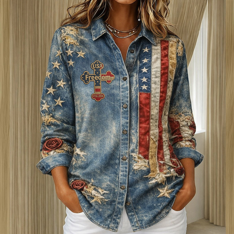 USA 250 Years Of Freedom Button Up Long Sleeve Shirt Independence Day 2026 Clothing Line