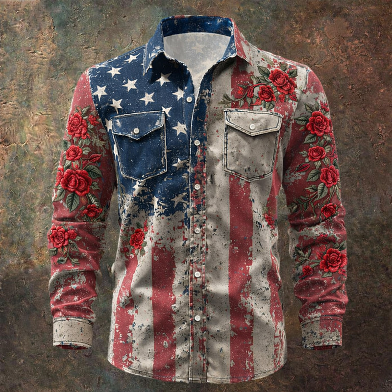 USA 250 Years Of Freedom Floral Button Up Long Sleeve Shirt America's 250 Birthday Clothing Line