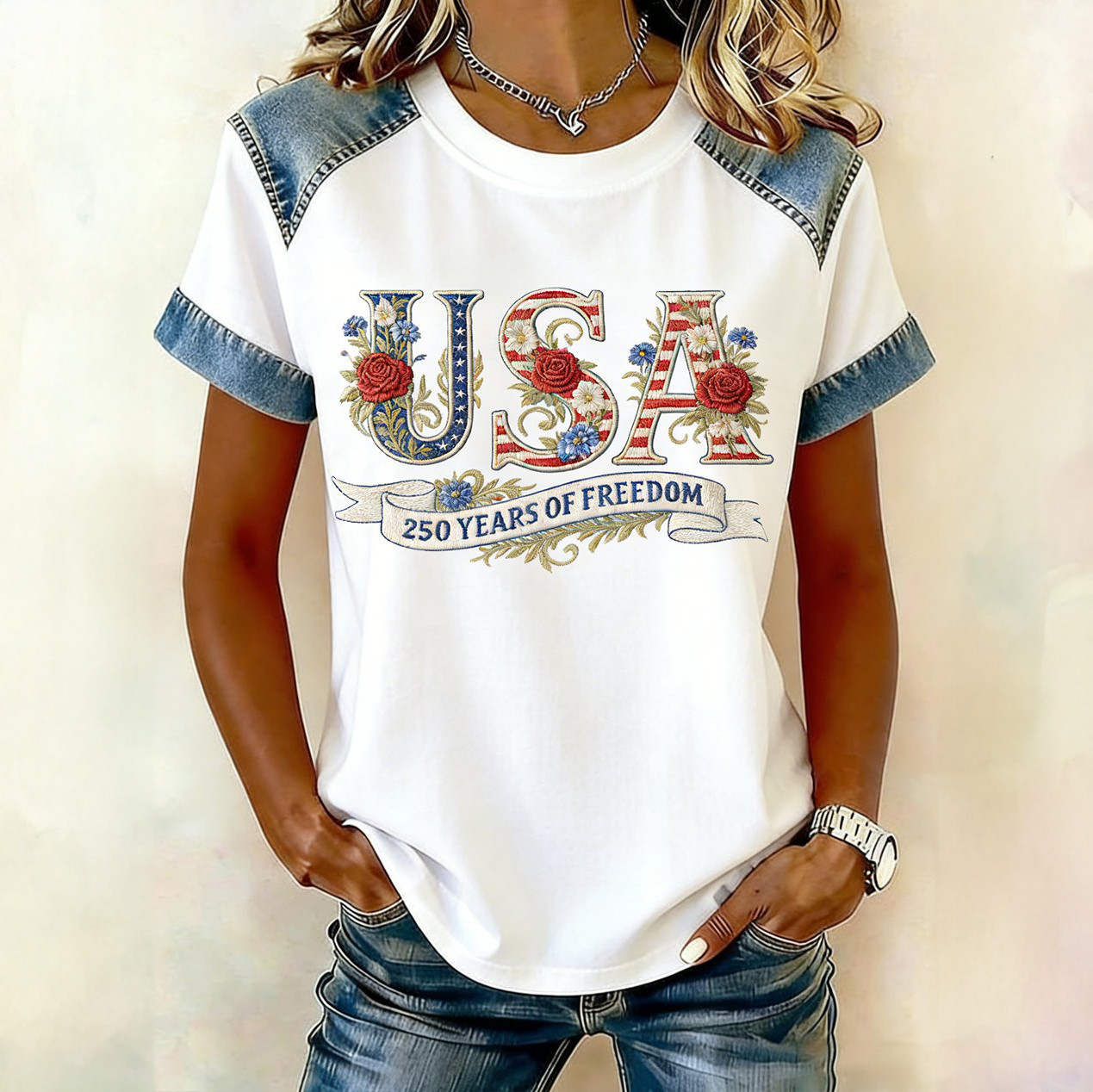 USA 250 Years Of Freedom Floral T-Shirt Best 4th Of July Clothes Patriotic Gifts