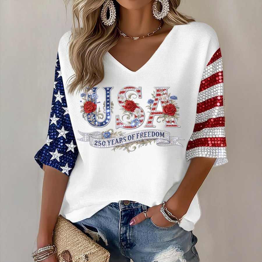 USA 250 Years Of Freedom V-Neck Long Sleeve Shirt Independence Day Apparel