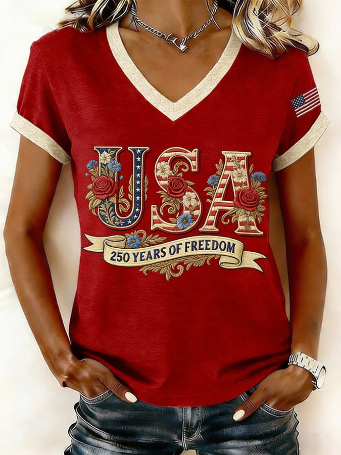 USA 250 Years Of Freedom V-Neck Shirt 4Th Of July Clothing Women's Patriotic Gift Ideas