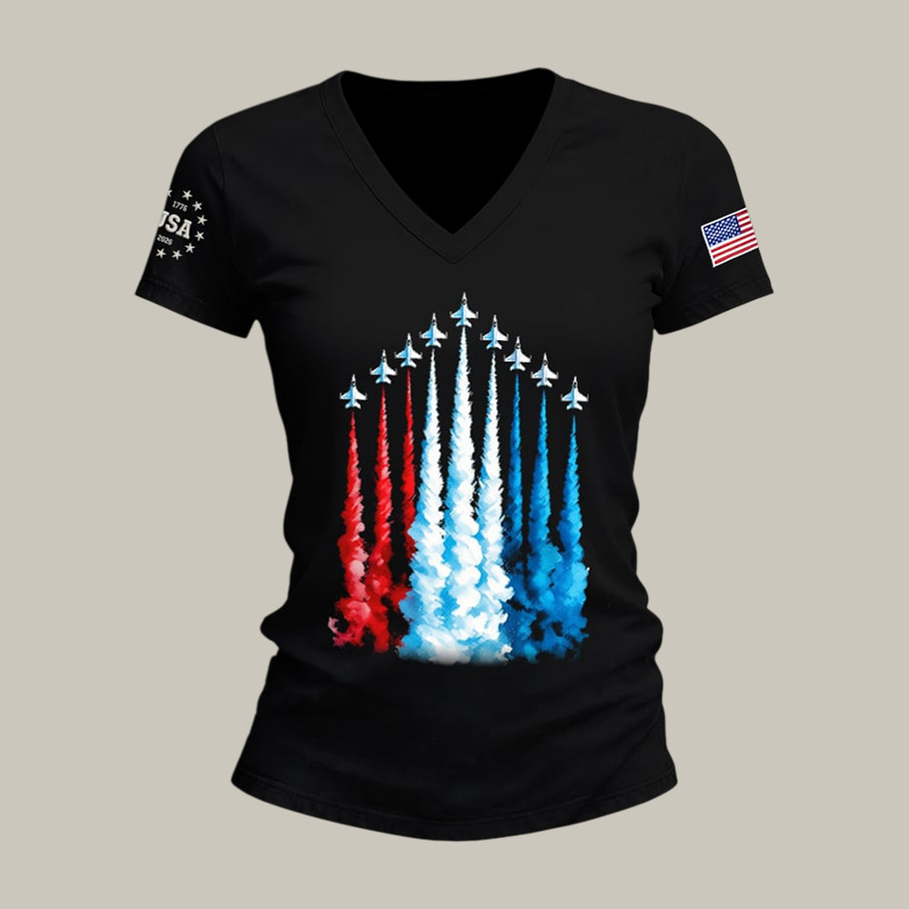 USA 250Th Anniverasry Jets Flying V-Neck Shirt Fourth Of July Clothes Gift Ideas