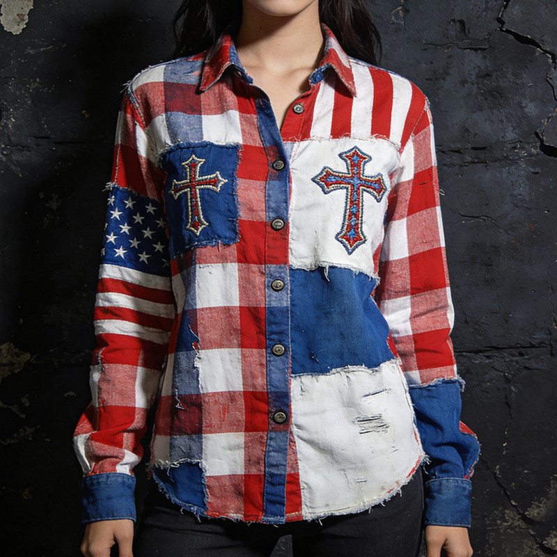 USA 250Th Anniversary 1776 2026 Button Up Long Sleeve Shirt Faith Cross Apparel Gift Ideas For Her