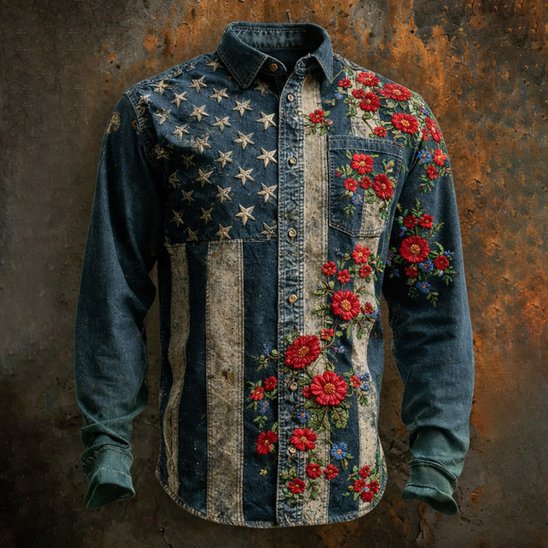 USA 250th Anniversary 1776 2026 Button Up Long Sleeve Shirt Poppy Flower Apparel Gift Ideas