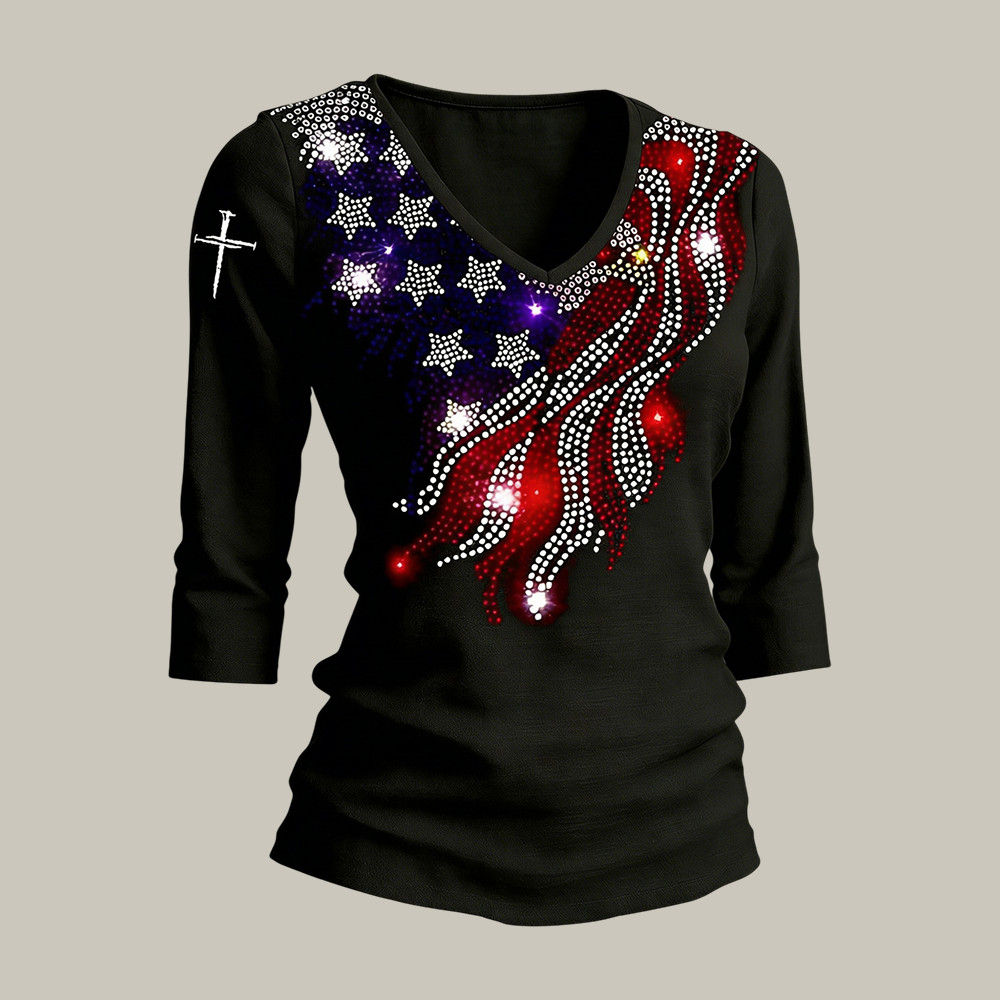USA 250Th Anniversary 1776 2026 Faith V-Neck Long Sleeve Shirt 4th Of July Merch Patriotic Mom Gift