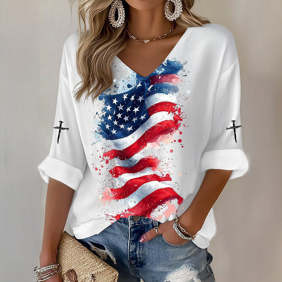 USA 250Th Anniversary 1776 2026 Faith V-Neck Long Sleeve Shirt Best 4th Of July Apparel