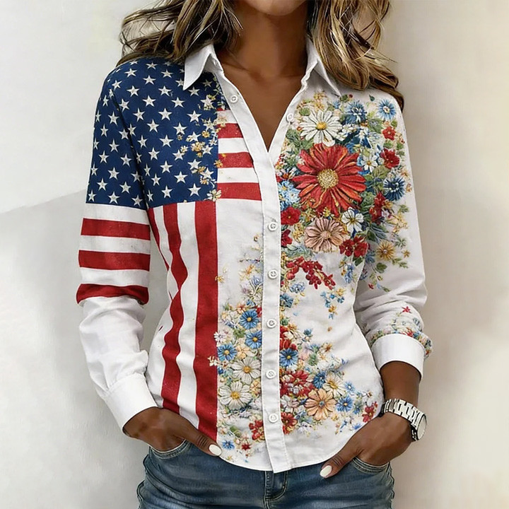 USA 250Th Anniversary 1776 2026 Floral Button Up Long Sleeve Shirt American Flag Apparel