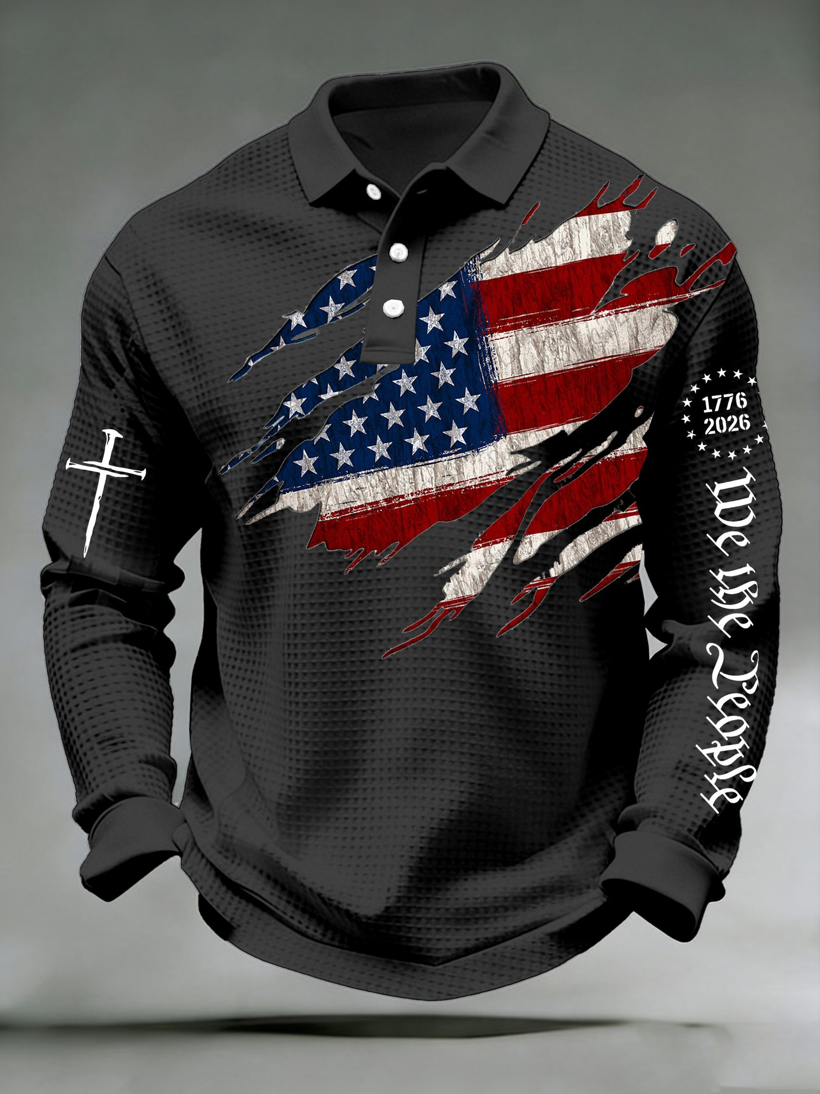 USA 250th Anniversary 1776 2026 Long Sleeve Polo Shirt Faith Cross We The People July 4 Apparel USA 250th Anniversary 1776 2026 Long Sleeve Polo Shirt Faith Cross We The People July 4 Apparel