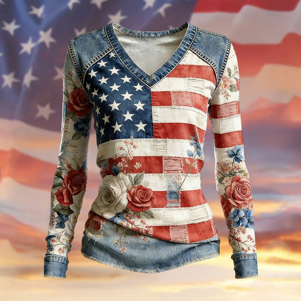 USA 250Th Anniversary 1776 2026 V-Neck Long Sleeve Shirt Independence Day Apparel Gift Idea