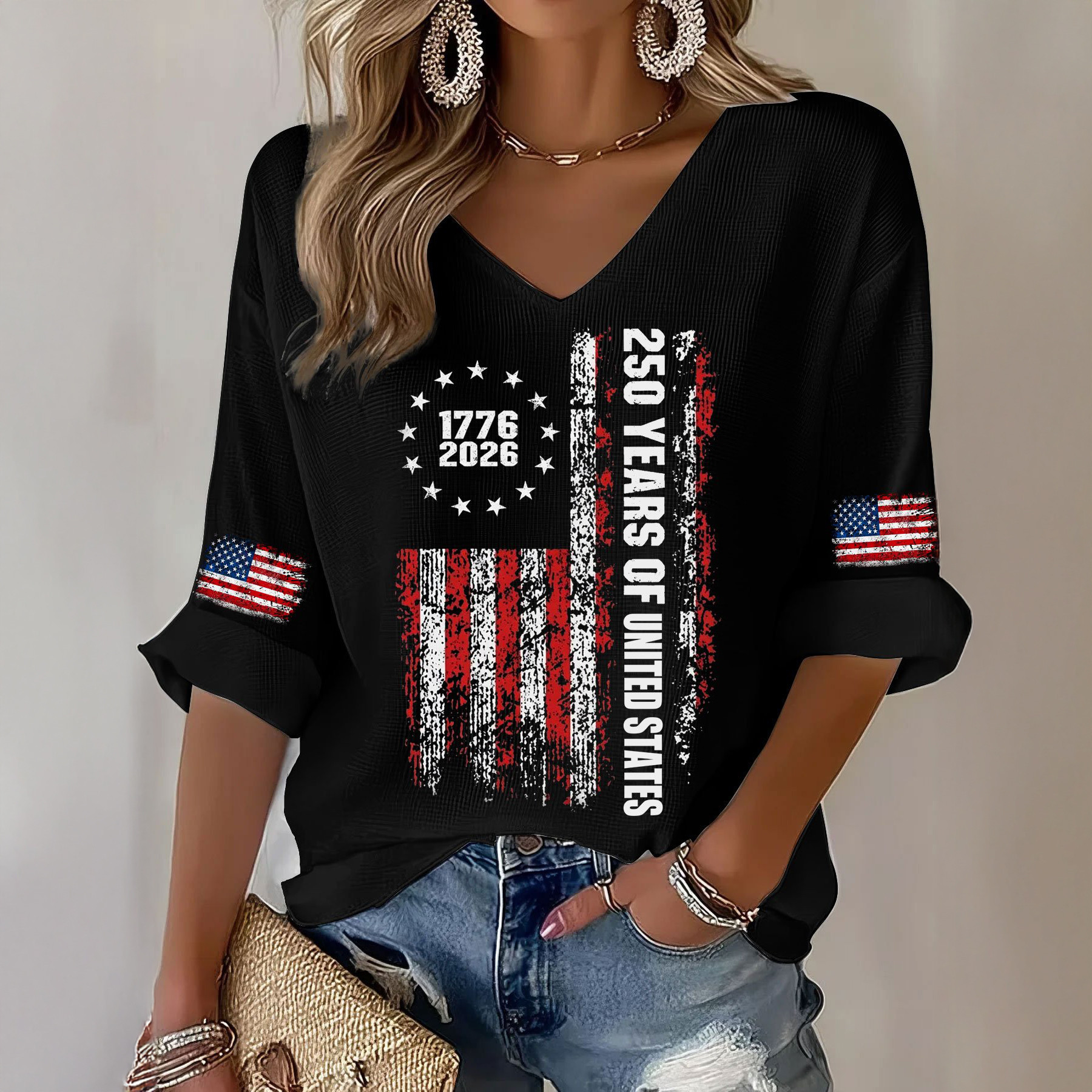 USA 250th Anniversary 1776 2026 V-Neck Long Sleeve Shirt Patriotic Apparel 4th Of July Presents