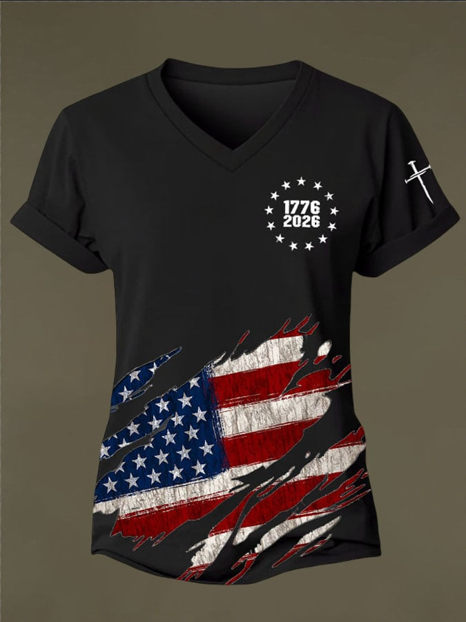 USA 250Th Anniversary 1776 2026 V-Neck Shirt Faith Cross 4th Of July Clothes