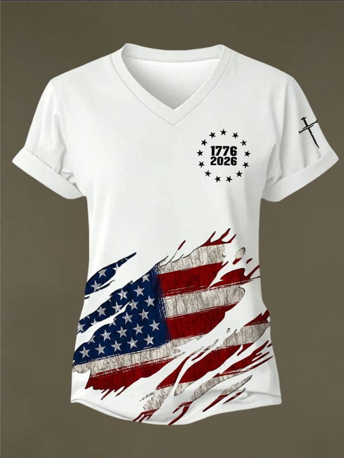 USA 250Th Anniversary 1776 2026 V-Neck Shirt Faith Cross 4th Of July Shirt Present For Wife