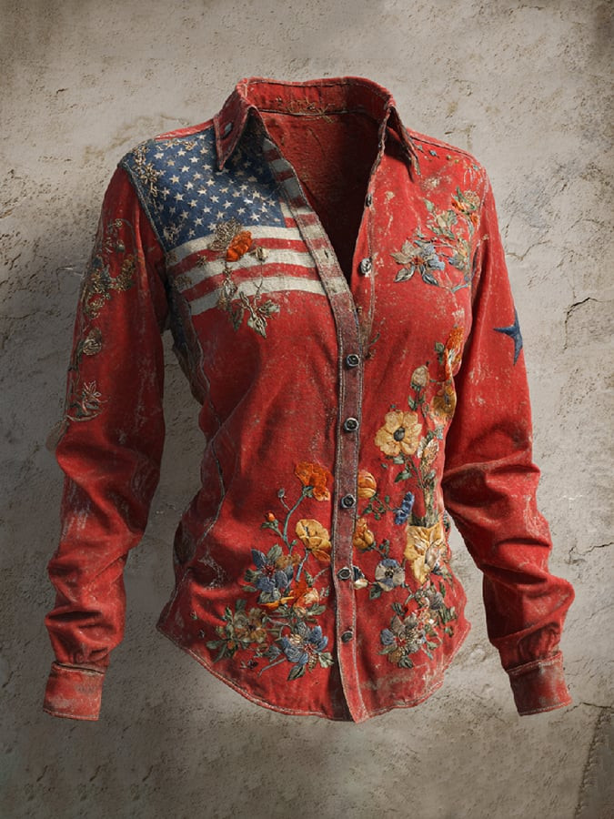 USA 250th Anniversary Button Long Sleeve Shirt Floral Pattern America's Birthday Merch Gift Ideas