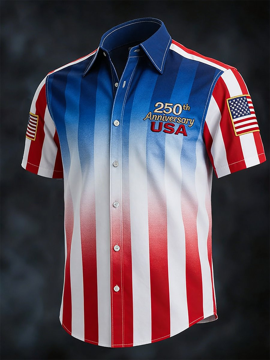 USA 250th Anniversary Button Shirt Patriotic Red White Blue Gradient Stripes Apparel Gift Ideas