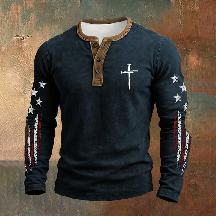 USA 250Th Anniversary Faith Cross Button Long Sleeve Shirt America's 250 Birthday Merch Dad Gifts