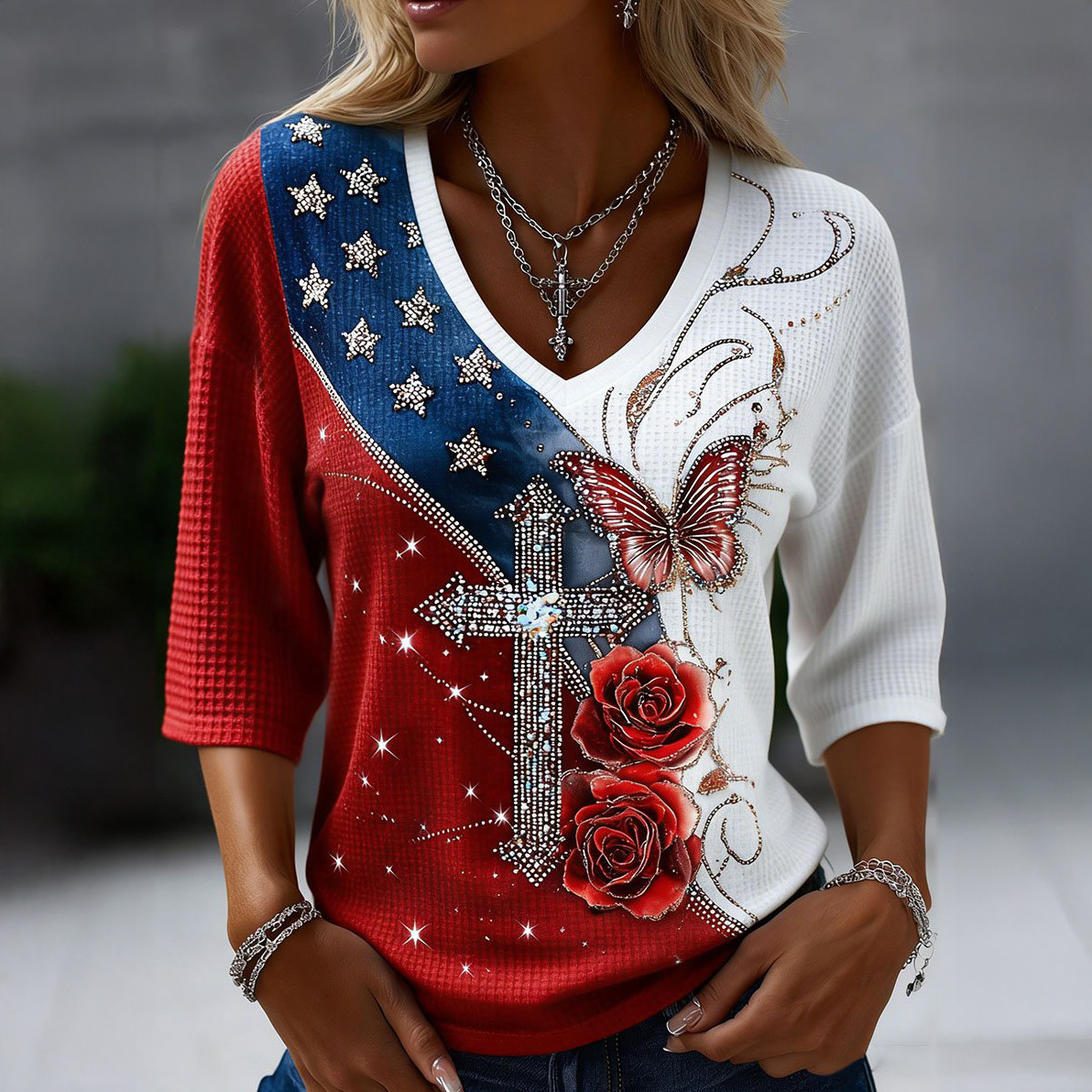 USA 250Th Anniversary Faith Cross Floral V-Neck Long Sleeve Shirt Best 4th Of July Apparel