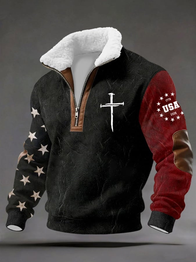 USA 250Th Anniversary Faith Flag Fur Collar Zip Up Sweatshirt 1776 2026 Merch Patriotic Gifts