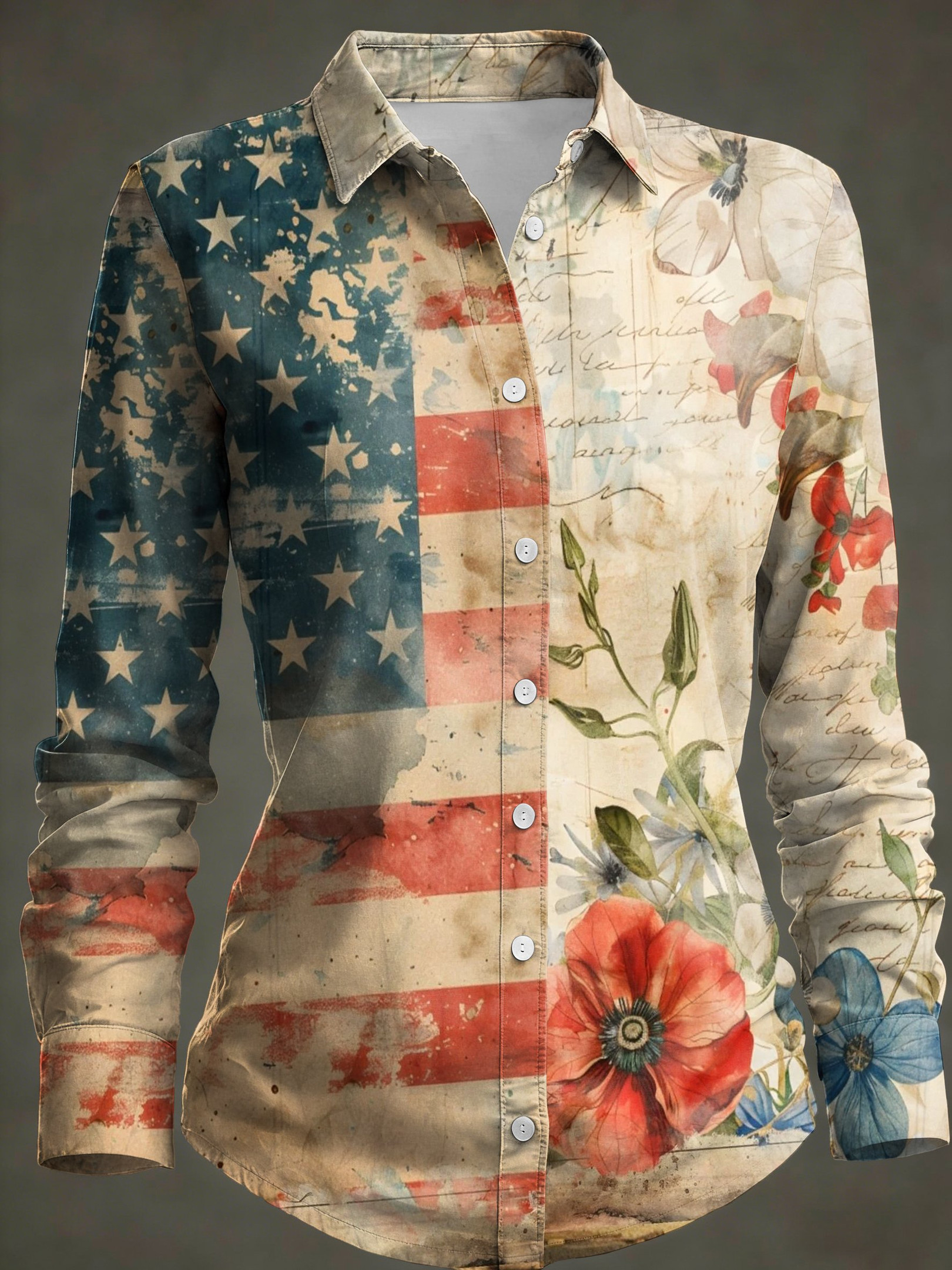 USA 250th Anniversary Flag And Floral Button Up Long Sleeve Shirt 4Th Of July Women's Apparel