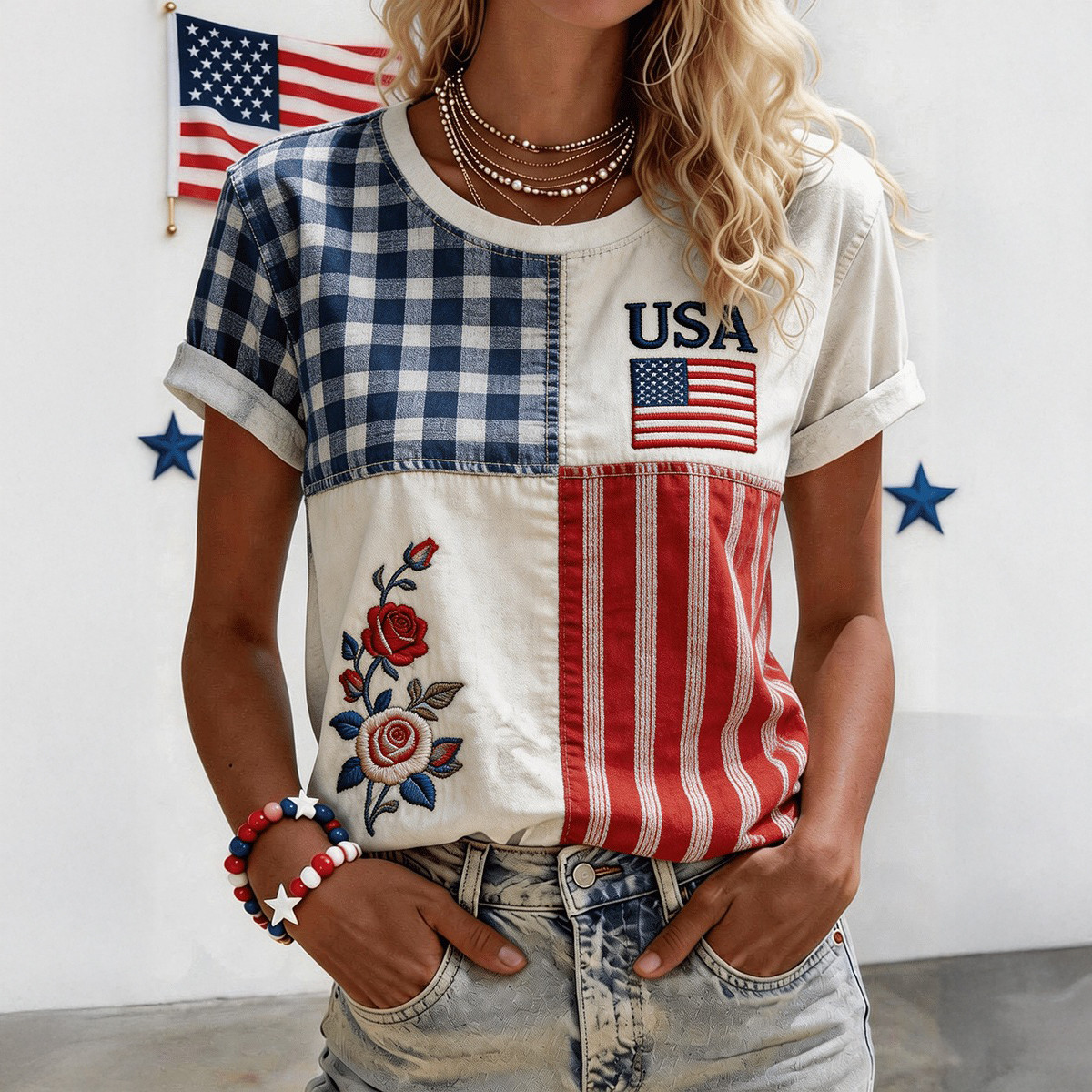 USA 250Th Anniversary Floral T-Shirt Fourth Of July Clothes Gift For 4Th Of July